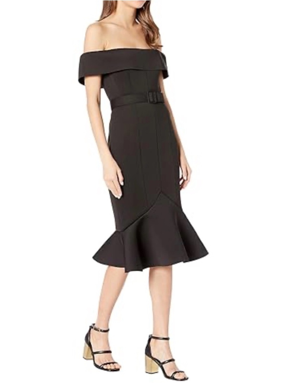 Badgley Mischka Off The Shoulder Scuba Midi Formal Dress Size 8